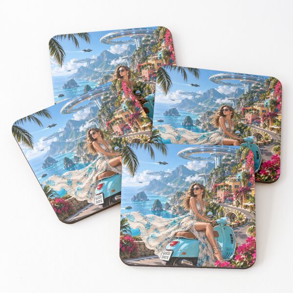 Item preview, Futuristic Tropical Coastal Paradise with Flying Cars and Vespa designed and sold by IRON SIREN.