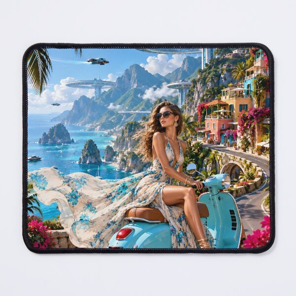 Item preview, Futuristic Tropical Coastal Paradise with Flying Cars and Vespa designed and sold by IRON SIREN.