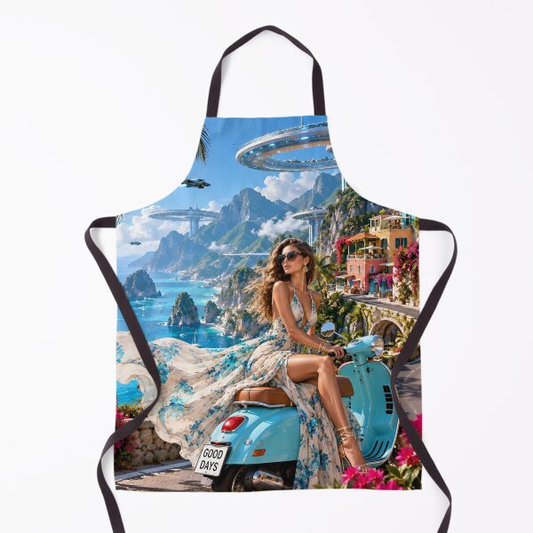 Item preview, Futuristic Tropical Coastal Paradise with Flying Cars and Vespa designed and sold by IRON SIREN.