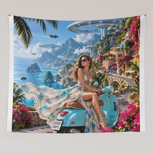 Item preview, Futuristic Tropical Coastal Paradise with Flying Cars and Vespa designed and sold by IRON SIREN.