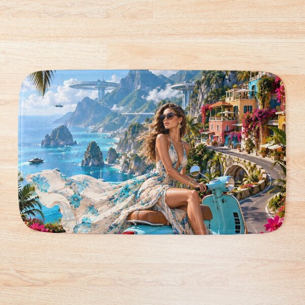 Item preview, Futuristic Tropical Coastal Paradise with Flying Cars and Vespa designed and sold by IRON SIREN.