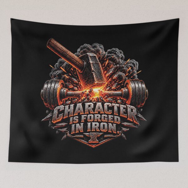 Item preview, Character Is Forged In Iron Gym Motivation designed and sold by CrazySzoopWorld.
