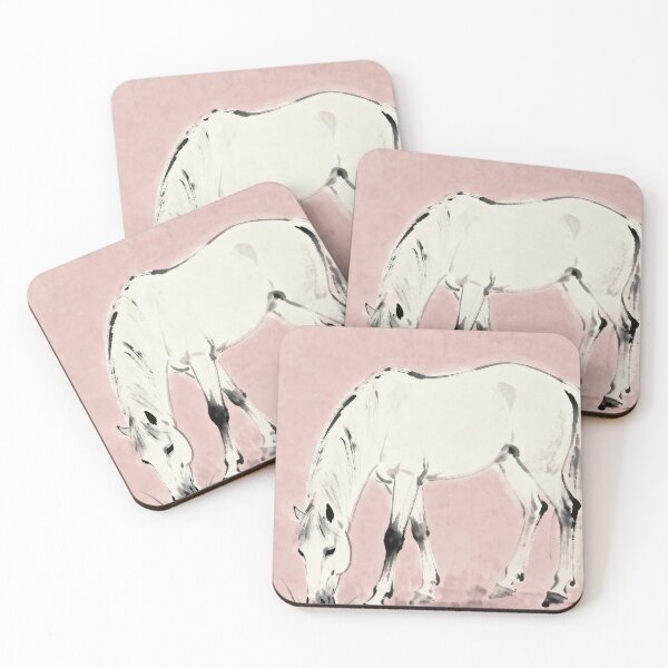 Item preview, White Horse Grazing Ink Wash Pink Background designed and sold by KAMOCHI Art.