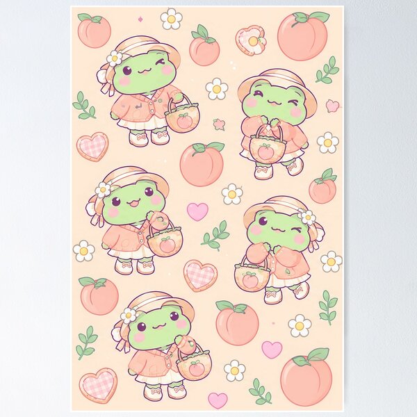 Item preview, Kawaii Frog Peach Picnic Pastel Pattern designed and sold by Soft Berry Studio.