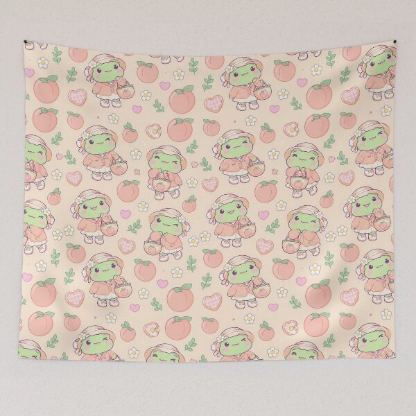 Item preview, Kawaii Frog Peach Picnic Pastel Pattern designed and sold by Soft Berry Studio.
