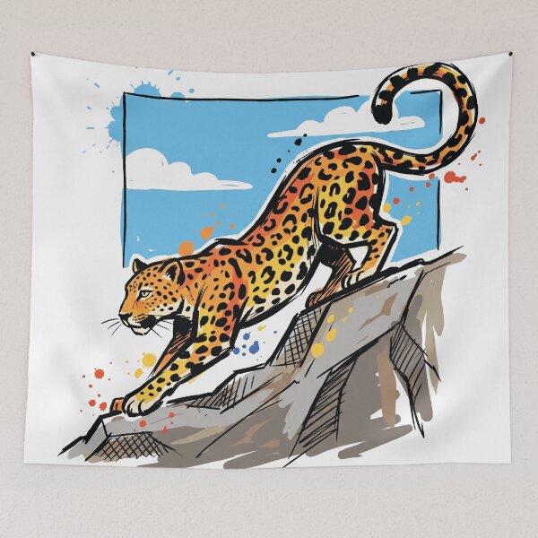 Item preview, Leopard Stretching Rock Sky Wildlife Art Print designed and sold by Merch by Das Design Studio.