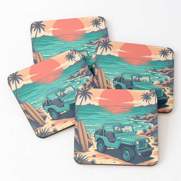 Item preview, Vintage Turquoise Jeep at Tropical Beach – Retro Coastal Summer Drive designed and sold by Sea Gem.