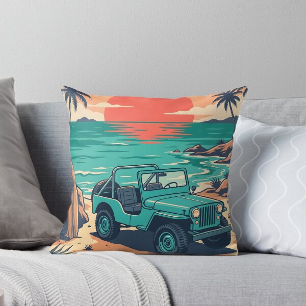 Item preview, Vintage Turquoise Jeep at Tropical Beach – Retro Coastal Summer Drive designed and sold by Sea Gem.