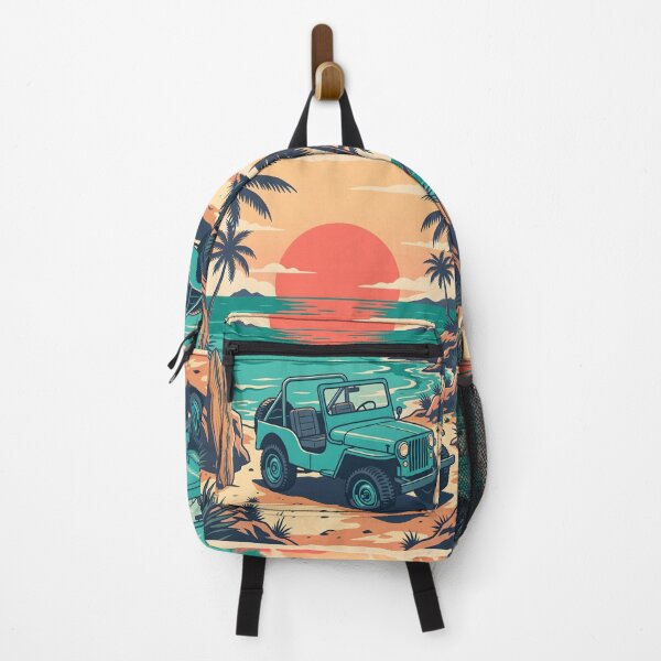 Item preview, Vintage Turquoise Jeep at Tropical Beach – Retro Coastal Summer Drive designed and sold by Sea Gem.