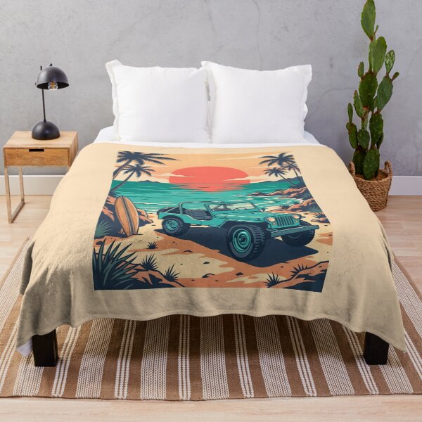 Item preview, Vintage Turquoise Jeep at Tropical Beach – Retro Coastal Summer Drive designed and sold by Sea Gem.