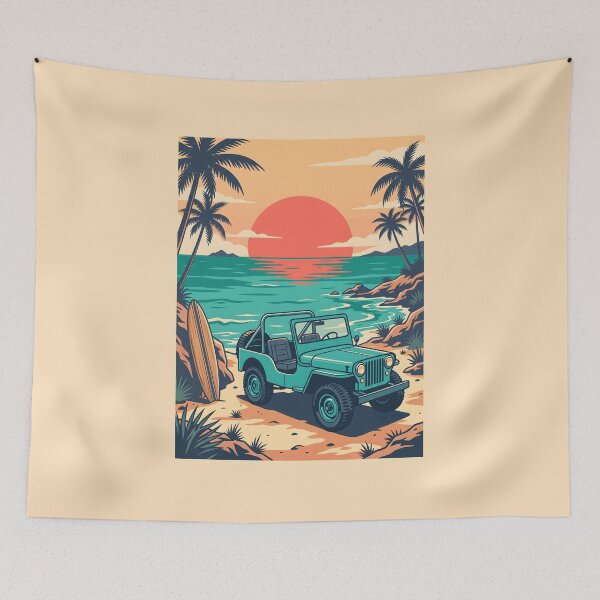 Item preview, Vintage Turquoise Jeep at Tropical Beach – Retro Coastal Summer Drive designed and sold by Sea Gem.