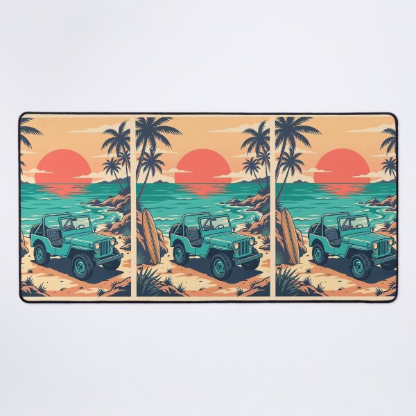 Item preview, Vintage Turquoise Jeep at Tropical Beach – Retro Coastal Summer Drive designed and sold by Sea Gem.