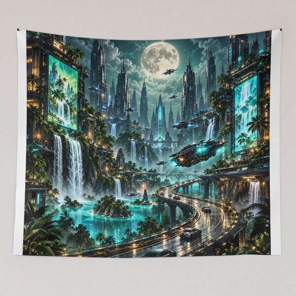 Item preview, Futuristic Cyberpunk City Under Full Moon – Sci-Fi Space City designed and sold by IRON SIREN.