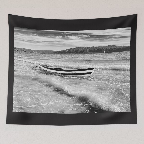 Item preview, Black and White Wooden Fishing Boat in Rolling Ocean Waves designed and sold by Faith Based Decor & Art &Gifts.