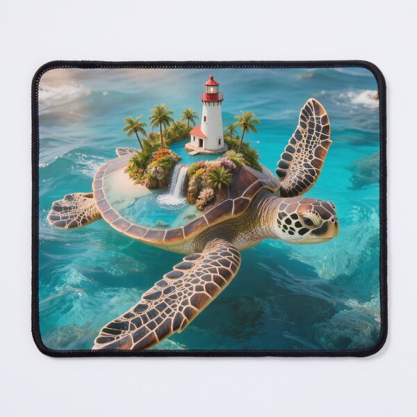 Item preview, Floating Paradise - Sea Turtle Carrying Fantasy Lighthouse Island designed and sold by OksArtStudio.