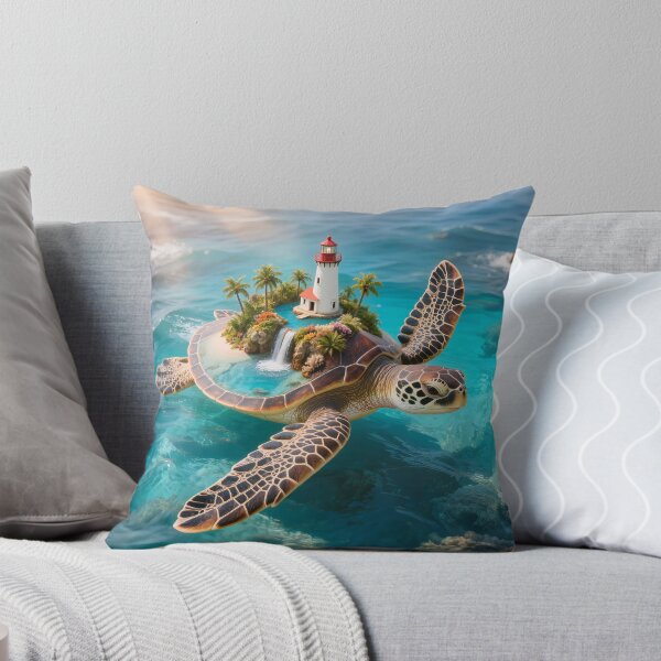 Item preview, Floating Paradise - Sea Turtle Carrying Fantasy Lighthouse Island designed and sold by OksArtStudio.