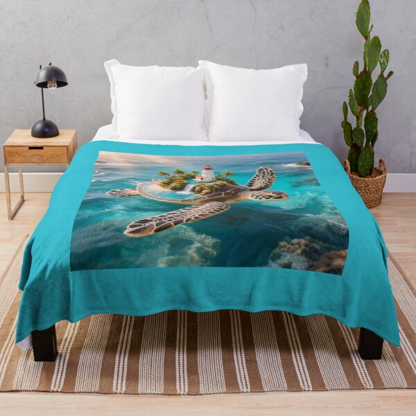 Item preview, Floating Paradise - Sea Turtle Carrying Fantasy Lighthouse Island designed and sold by OksArtStudio.