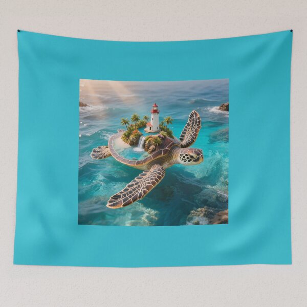 Item preview, Floating Paradise - Sea Turtle Carrying Fantasy Lighthouse Island designed and sold by OksArtStudio.
