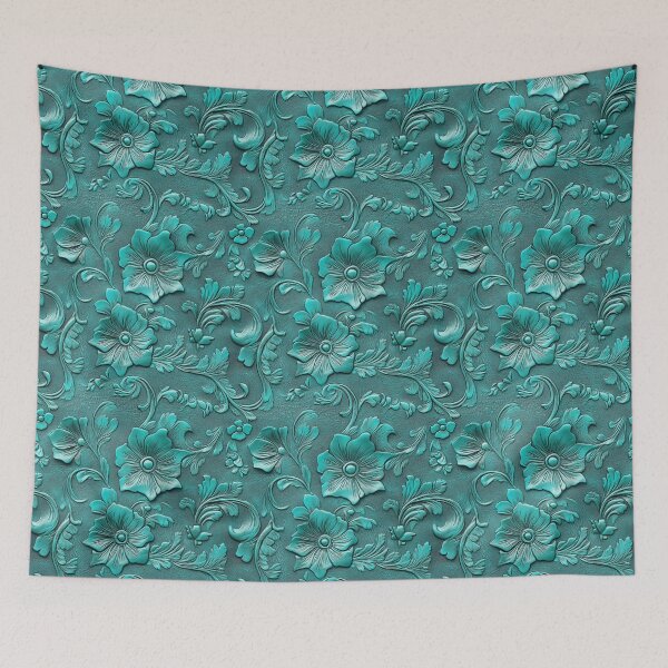 Aperçu de l'œuvre Motif floral turquoise aspect cuir travaillé créée et vendue par ColorFlowArt.