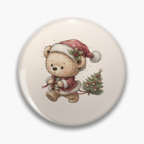 Item preview,  cute fluffy teddy bear waddling forward while dragging a tiny vintage Christmas tree behind it designed and sold by 123ks.