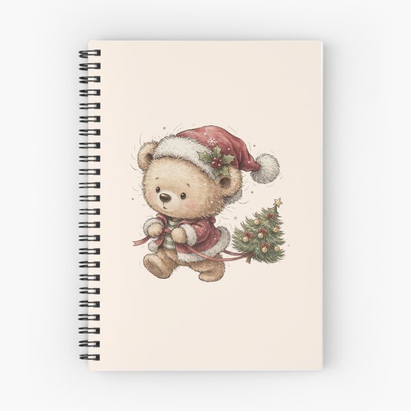 Item preview,  cute fluffy teddy bear waddling forward while dragging a tiny vintage Christmas tree behind it designed and sold by 123ks.