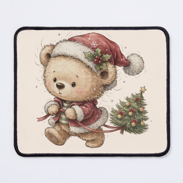 Item preview, cute fluffy teddy bear waddling forward while dragging a tiny vintage Christmas tree behind it designed and sold by 123ks.
