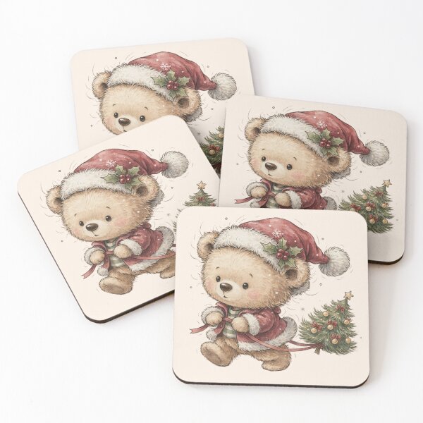 Item preview,  cute fluffy teddy bear waddling forward while dragging a tiny vintage Christmas tree behind it designed and sold by 123ks.