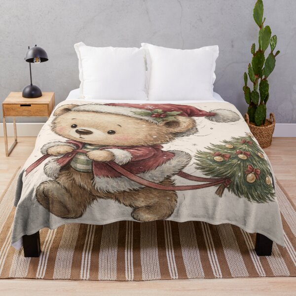 Item preview,  cute fluffy teddy bear waddling forward while dragging a tiny vintage Christmas tree behind it designed and sold by 123ks.