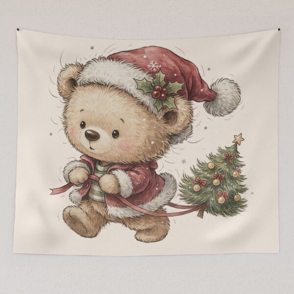 Item preview,  cute fluffy teddy bear waddling forward while dragging a tiny vintage Christmas tree behind it designed and sold by 123ks.