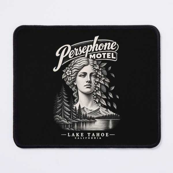 Item preview, Retro Lake Tahoe Design, Fall Pine trees mountain Motel, camping outdoors, Art Nouveau Mythology Goddess Persephone designed and sold by SpookyShadesLab.