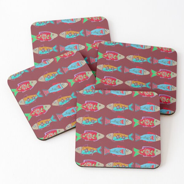Item preview, Folk Art Fish Pattern on Brick Red designed and sold by Fani*.