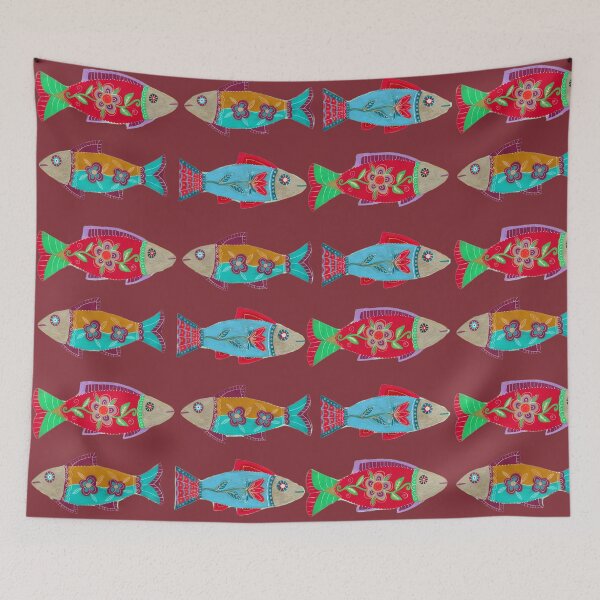 Item preview, Folk Art Fish Pattern on Brick Red designed and sold by Fani*.