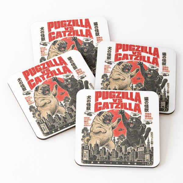 Item preview, Pugzilla vs Catzilla – Retro Kaiju Pet Battle Poster designed and sold by WolfmanProphecy.
