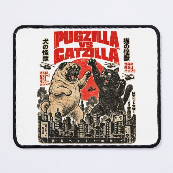 Item preview, Pugzilla vs Catzilla – Retro Kaiju Pet Battle Poster designed and sold by WolfmanProphecy.