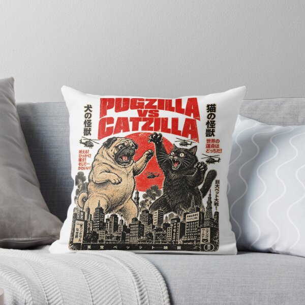 Item preview, Pugzilla vs Catzilla – Retro Kaiju Pet Battle Poster designed and sold by WolfmanProphecy.