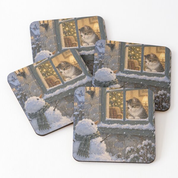 Item preview, Christmas Cat Watching Snowman watercolor design designed and sold by Meandmyshop.