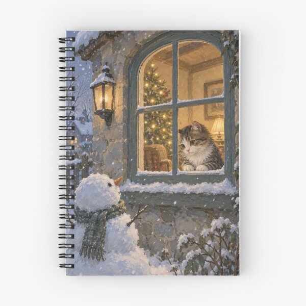Item preview, Christmas Cat Watching Snowman watercolor design designed and sold by Meandmyshop.