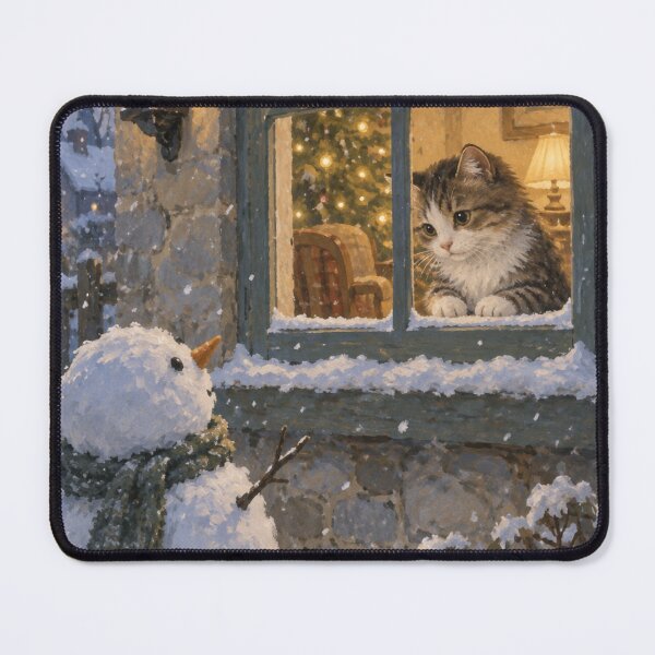 Item preview, Christmas Cat Watching Snowman watercolor design designed and sold by Meandmyshop.