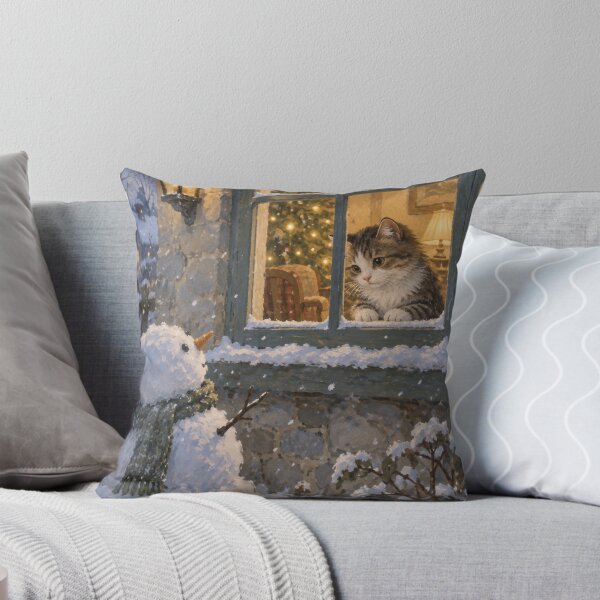 Item preview, Christmas Cat Watching Snowman watercolor design designed and sold by Meandmyshop.
