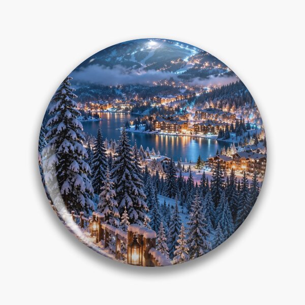 Item preview, Snowy Mountain Village Winter Wonderland Lake Landscape designed and sold by IRON SIREN.