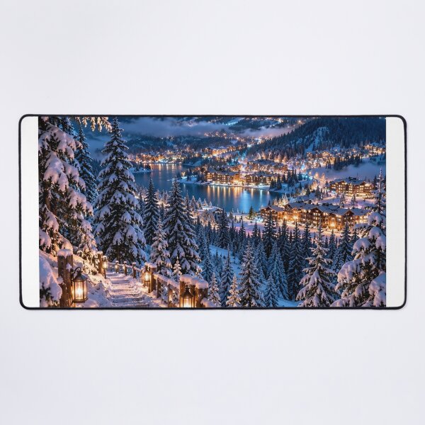 Item preview, Snowy Mountain Village Winter Wonderland Lake Landscape designed and sold by IRON SIREN.