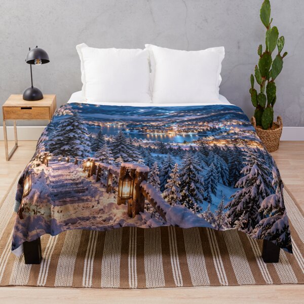 Item preview, Snowy Mountain Village Winter Wonderland Lake Landscape designed and sold by IRON SIREN.