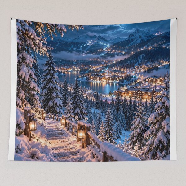 Item preview, Snowy Mountain Village Winter Wonderland Lake Landscape designed and sold by IRON SIREN.