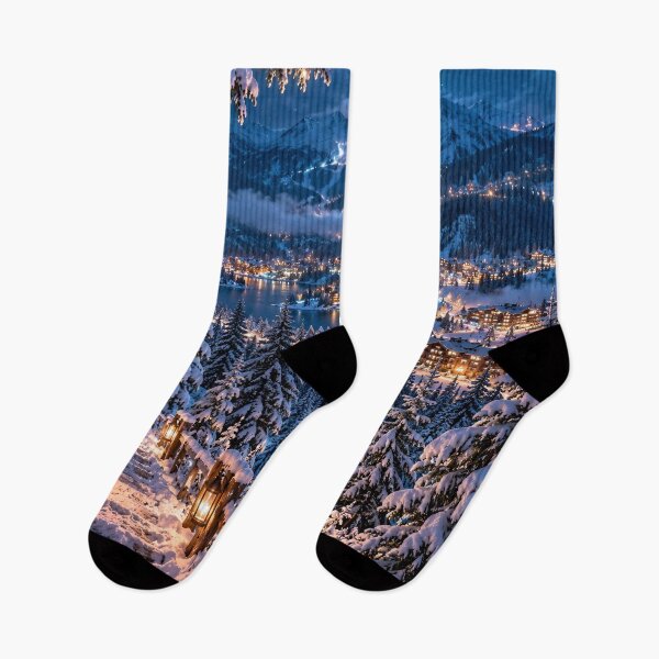 Item preview, Snowy Mountain Village Winter Wonderland Lake Landscape designed and sold by IRON SIREN.
