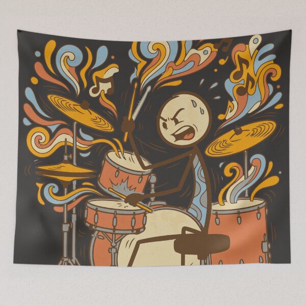 Item preview, Stickman Stressed Drummer Playing Groovy Retro Drums - Dark Colors Edition designed and sold by Shyla Marsare.