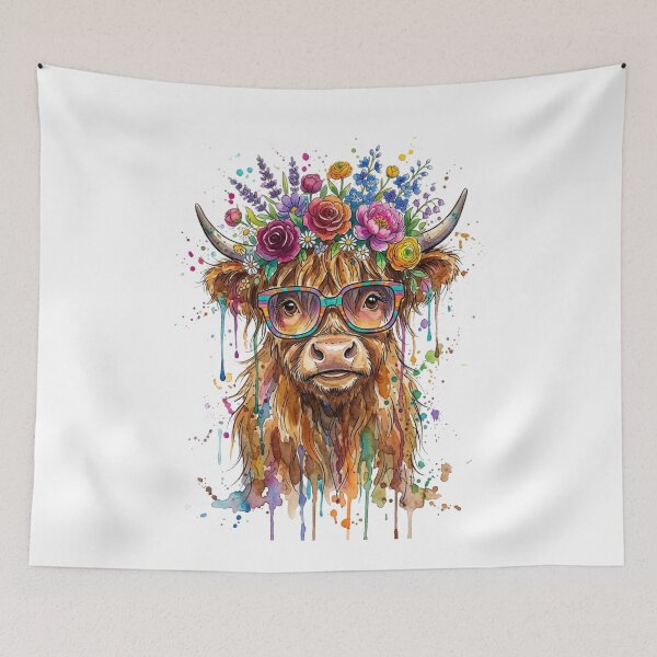 Item preview, Watercolor Highland Cow with Flowers Art designed and sold by RoyalDeluxGo.