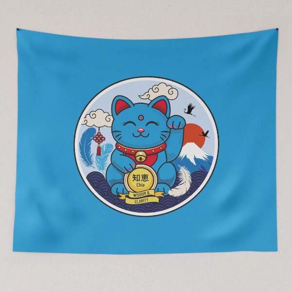 Item preview, Blue Maneki Neko with Closed Eyes – Wisdom designed and sold by Vector Woofs.