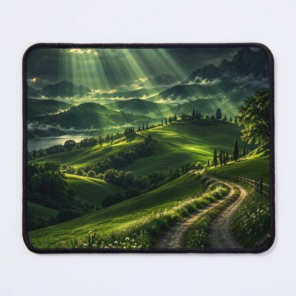 Item preview, Dramatic Green Mountain Landscape Sun Rays Winding Country Road designed and sold by IRON SIREN.