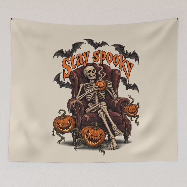 Item preview, Stay Spooky Skeleton Relaxing with Pumpkin Mug designed and sold by MythicCotton.