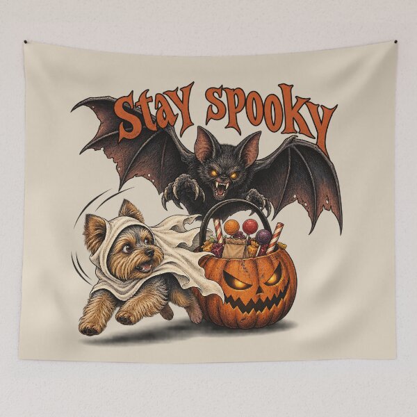 Item preview, Cute Ghost Yorkshire Terrier & Scary Vampire Bat Halloween Trio Fun designed and sold by MythicCotton.